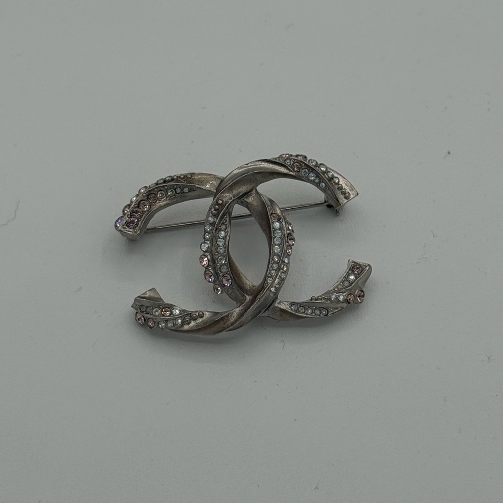 CHANEL Silver and Pink Crystal Brooch